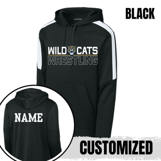Black colorblock pullover hoodie with white shoulder panel showing the Split Logo design on the front, plus a close up of the customizable name print option on the back shoulder.