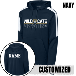 Navy colorblock pullover hoodie with white shoulder panel showing the Split Logo design on the front, plus a close up of the customizable name print option on the back shoulder.