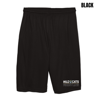 Black cooling shorts with Topeka Wildcats Wrestling Club split logo design on the left leg