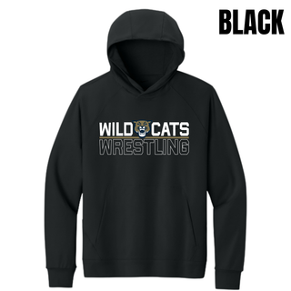 Topeka Wildcats Wrestling Club Split Logo Men's Dri-FIT Primary Hoodie in black, with Wild and Cats lettering flanking the wildcat mascot head above a gold underline and Wrestling text