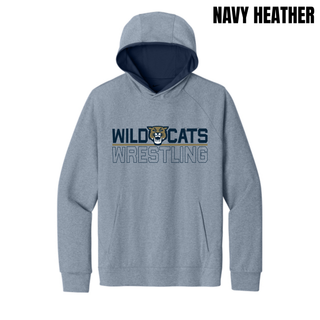 Topeka Wildcats Wrestling Club Split Logo Men's Dri-FIT Primary Hoodie in navy heather, with Wild and Cats lettering flanking the wildcat mascot head above a gold underline and Wrestling text