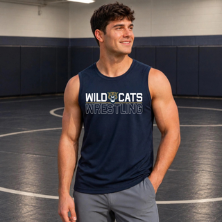 Man wearing a navy Topeka Wildcats Wrestling Club Split Logo Men's PosiCharge Competitor Tank, standing on a wrestling mat. The chest design shows Wild and Cats in white lettering with a wildcat mascot head between them, a gold underline bar, and outlined Wrestling text below.