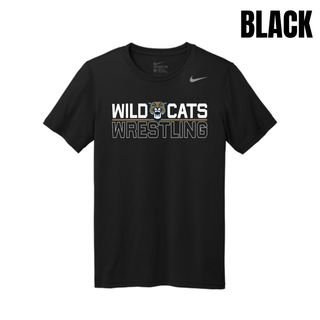 Black Nike men's rLegend tee with Wild Cats Wrestling split logo design, featuring a wildcat mascot head centered between Wild and Cats lettering above an outlined Wrestling