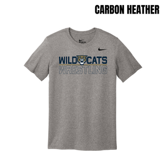 Carbon heather Nike men's rLegend tee with Wild Cats Wrestling split logo design, featuring a wildcat mascot head centered between Wild and Cats lettering above an outlined Wrestling
