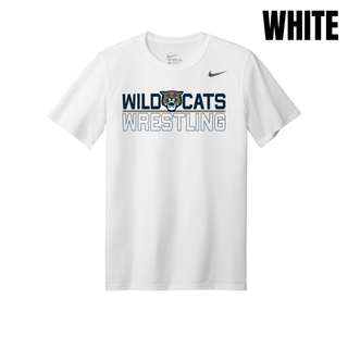 White Nike men's rLegend tee with Wild Cats Wrestling split logo design, featuring a wildcat mascot head centered between Wild and Cats lettering above an outlined Wrestling