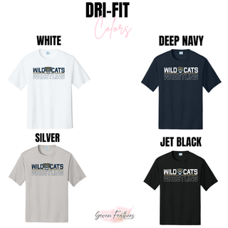 Color chart for the Dri-Fit performance top showing white, deep navy, silver, and jet black options, each with the Topeka Wildcats Wrestling Club Split Logo design.