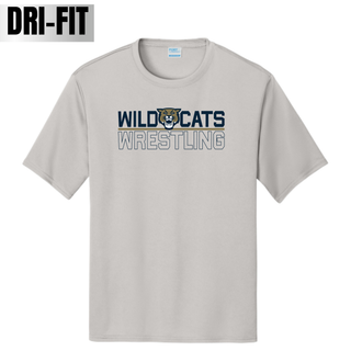 Silver Dri-Fit performance top with Wild and Cats lettering split around a wildcat mascot head, a gold underline bar, and outlined Wrestling text below, Topeka Wildcats Wrestling Club Split Logo design, flat lay.