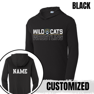 Black Sport-Tek PosiCharge hooded pullover flat lay with the Wild Cats Wrestling split logo design on the chest and a personalized name printed on the back