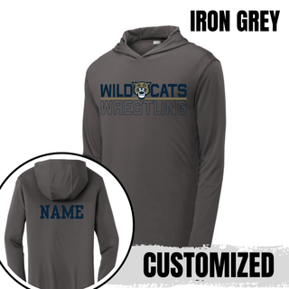 Iron grey Sport-Tek PosiCharge hooded pullover flat lay with the Wild Cats Wrestling split logo design on the chest and a personalized name printed on the back