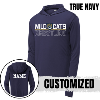 True navy Sport-Tek PosiCharge hooded pullover flat lay with the Wild Cats Wrestling split logo design on the chest and a personalized name printed on the back