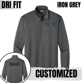 Iron Grey Sport-Tek PosiCharge quarter-zip pullover flat lay with the Topeka Wildcats Wrestling Club Split Logo design on the left chest and an inset showing the personalized name lettering option on the back, labeled Dri-Fit and Iron Grey.