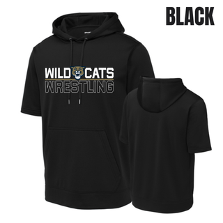 Black short sleeve hooded pullover with the Topeka Wildcats Wrestling Club split logo: Wild and Cats lettering side by side with a wildcat mascot head between them, a gold underline bar, and Wrestling in outlined lettering below. Front and back flat lay.