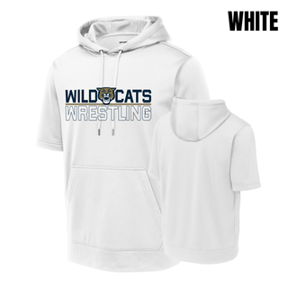 White short sleeve hooded pullover with the Topeka Wildcats Wrestling Club split logo: Wild and Cats lettering side by side with a wildcat mascot head between them, a gold underline bar, and Wrestling in outlined lettering below. Front and back flat lay.