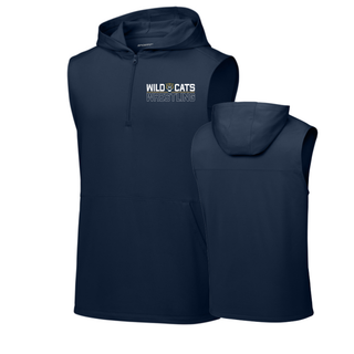 True Navy Topeka Wildcats Wrestling Club Split Logo sleeveless hooded quarter-zip, front and back flat lay.
