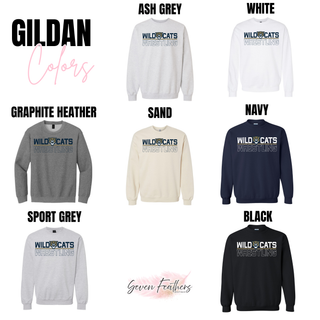 Gildan color chart for the Wild Cats Wrestling split logo design on a crewneck sweatshirt, shown in ash grey, white, graphite heather, sand, navy, sport grey, and black