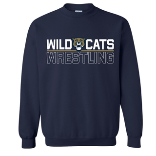 Navy crewneck sweatshirt with Wild Cats Wrestling split logo design, featuring a wildcat mascot head centered between Wild and Cats lettering above an outlined Wrestling