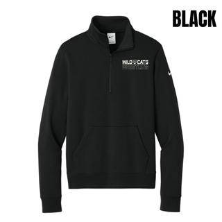 Black Women's Fleece Half-Zip with Topeka Wildcats Wrestling Club Split Logo design, featuring a wildcat mascot head centered between Wild and Cats lettering above an outlined Wrestling