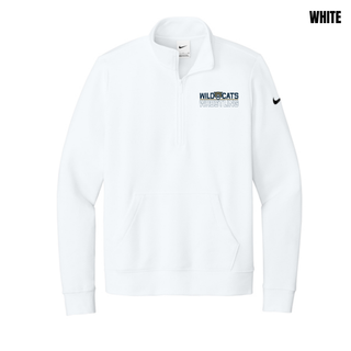 White Women's Fleece Half-Zip with Topeka Wildcats Wrestling Club Split Logo design, featuring a wildcat mascot head centered between Wild and Cats lettering above an outlined Wrestling