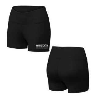 Black Women's Interval Shorts with Topeka Wildcats Split Logo design on the left leg, front and back view