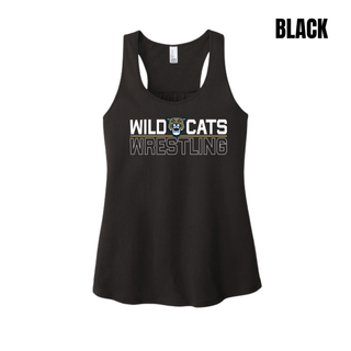 Black Women's Racerback Tank with Topeka Wildcats Wrestling Club Split Logo design: Wild and Cats lettering flanking the wildcat mascot head over a gold underline bar, with Wrestling text below