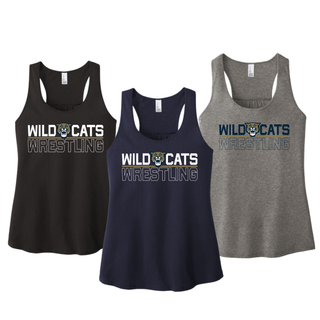 Color options for the Topeka Wildcats Wrestling Club Split Logo Women's Racerback Tank: Black, New Navy, and Grey Frost, each with Wild and Cats lettering flanking the wildcat mascot head above Wrestling text
