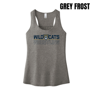Grey Frost Women's Racerback Tank with Topeka Wildcats Wrestling Club Split Logo design: Wild and Cats lettering flanking the wildcat mascot head over a gold underline bar, with Wrestling text below
