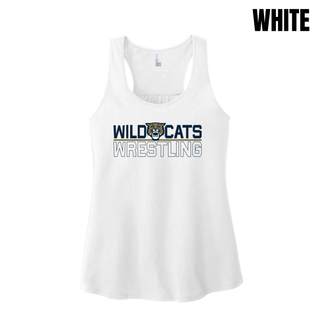 White Women's Racerback Tank with Topeka Wildcats Wrestling Club Split Logo design: Wild and Cats lettering flanking the wildcat mascot head over a gold underline bar, with Wrestling text below
