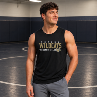 Man wearing Topeka Wildcats Wrestling Club Men's PosiCharge Competitor Tank in Black with club name and W crest on chest