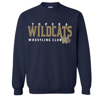 Topeka Wildcats Wrestling Club navy crewneck sweatshirt with white and gold Wildcats Wrestling Club wordmark and W cat crest logo