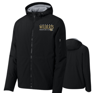 Topeka Wildcats Wrestling Club Waterproof Insulated Jacket in Black, front and back view, with club name and W crest on chest
