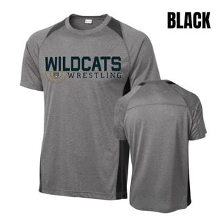 Black Colorblock Contender Tee with Topeka Wildcats Wrestling Scramble Ring Logo design and mascot graphic, front and back view
