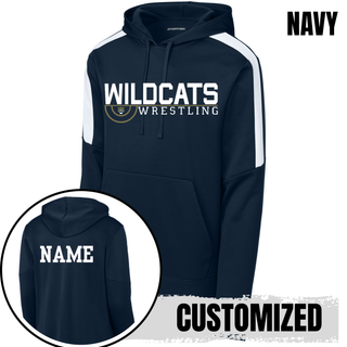Navy Colorblock Pullover Hoodie with Topeka Wildcats Wrestling Scramble Ring Logo design and mascot graphic, front and back view, and customized name on the back