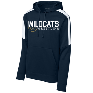 Navy Colorblock Pullover Hoodie with Topeka Wildcats Wrestling Scramble Ring Logo design and mascot graphic