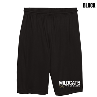 Black Cooling Shorts with Topeka Wildcats Wrestling scramble ring logo design