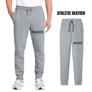 Athletic Heather Grey Core Fleece Joggers with Topeka Wildcats Wrestling scramble ring logo design, front and back view
