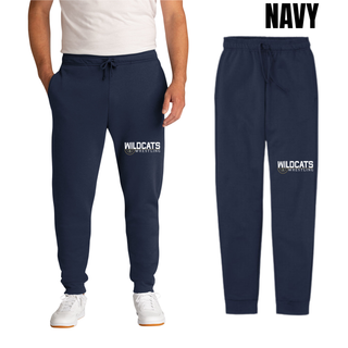 Navy Core Fleece Joggers with Topeka Wildcats Wrestling scramble ring logo design, front and back view