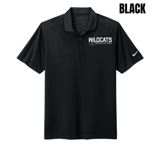 Black Dri-FIT Micro Pique Polo with Topeka Wildcats Wrestling Scramble Ring Logo design and mascot graphic