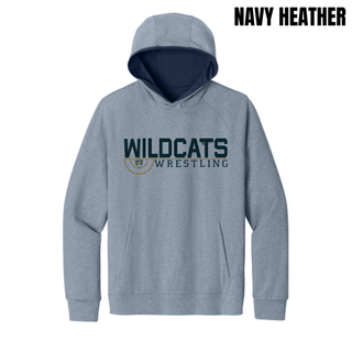 Navy Heather Men's Dri-FIT Primary Hoodie with Topeka Wildcats Wrestling Scramble Ring Logo design and mascot graphic