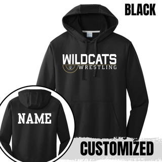 Black Performance Hoodie with Topeka Wildcats Wrestling scramble ring logo design and mascot graphic and customized name on the back