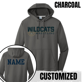 Charcoal Performance Hoodie with Topeka Wildcats Wrestling scramble ring logo design and mascot graphic and customized name on the back