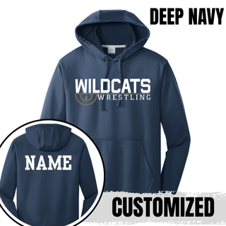 Deep Navy Performance Hoodie with Topeka Wildcats Wrestling scramble ring logo design and mascot graphic and customized name on the back