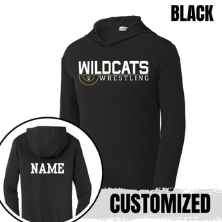 Black PosiCharge Hooded Pullover with Topeka Wildcats Wrestling Scramble Ring Logo design and mascot graphic, front and back view, and customized name on the back