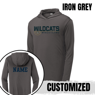 Iron Grey PosiCharge Hooded Pullover with Topeka Wildcats Wrestling Scramble Ring Logo design and mascot graphic, front and back view, and customized name on the back