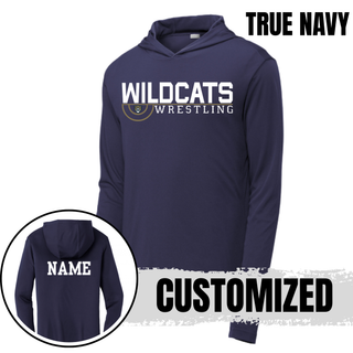 True Navy PosiCharge Hooded Pullover with Topeka Wildcats Wrestling Scramble Ring Logo design and mascot graphic, front and back view, and customized name on the back