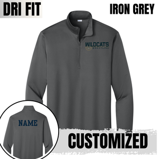 Iron Grey PosiCharge Quarter-Zip with Topeka Wildcats Wrestling Scramble Ring Logo design and mascot graphic, front and back view, and customized name on the back