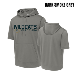 Dark Smoke Grey Short Sleeve Hooded Pullover with Topeka Wildcats Wrestling Scramble Ring Logo design and mascot graphic, front and back view