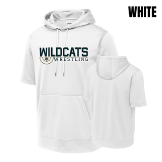 White Short Sleeve Hooded Pullover with Topeka Wildcats Wrestling Scramble Ring Logo design and mascot graphic, front and back view