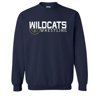 Navy crewneck sweatshirt with Topeka Wildcats Wrestling scramble ring logo design and mascot graphic