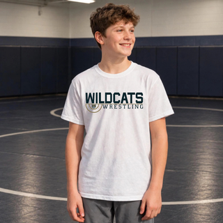 White tee with Topeka Wildcats Wrestling scramble ring logo design and mascot graphic, worn on the wrestling mat
