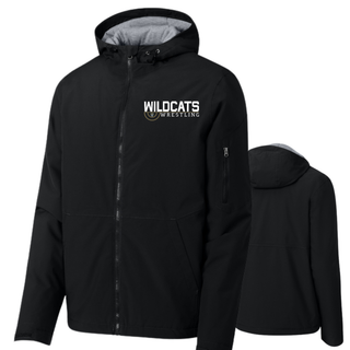 Black Waterproof Insulated Jacket with Topeka Wildcats Wrestling Scramble Ring Logo design and mascot graphic, front and back view
